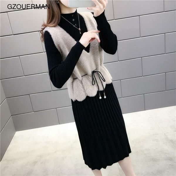 long sleeve dress new autumn han edition accept waist knitted vest two piece female long dress, White;black
long sleeve dress new autumn han edition accept waist knitted vest two piece female long dress, White;black