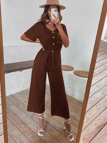 solid half button belt jumpsuit c5jn#, White 
solid half button belt jumpsuit c5jn#, White
