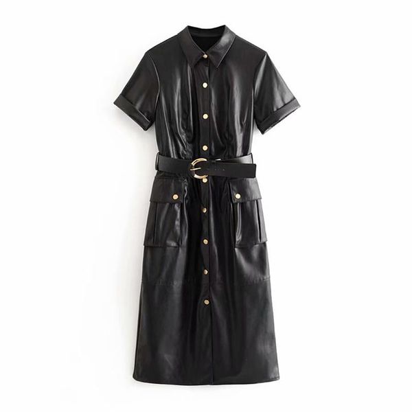 fashion pu faux leather dress women short sleeve solid casual dress stylish turn down collar pockets dresses with belt vestidos, Black;gray
fashion pu faux leather dress women short sleeve solid casual dress stylish turn down collar pockets dresses with belt vestidos, Black;gray