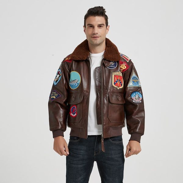 2021 brown military syle genuine pilot leather jacket europe size wool collar real cowhide slim fit aviator leather coat drop shopping, Black 
2021 brown military syle genuine pilot leather jacket europe size wool collar real cowhide slim fit aviator leather coat drop shopping, Black