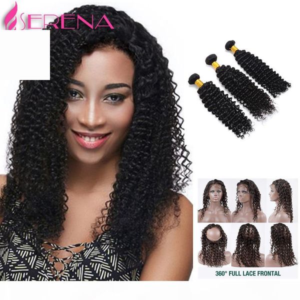 360 lace frontal with bundle peruvian 360 lace frontal closure with bundles 360 curly virgin hair deep wave with frontal closure, Black;brown