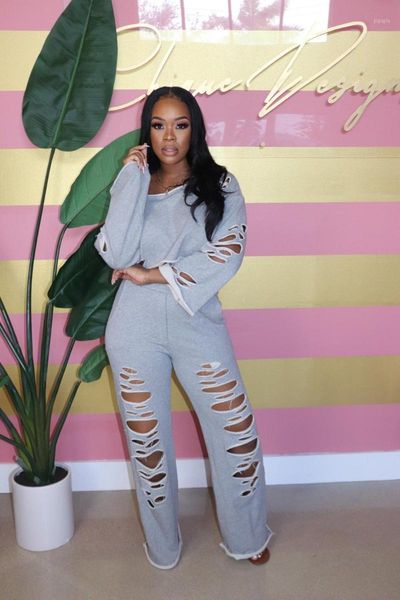 women's casual fashion solid color loose hole slant collar long sleeve two piece pants set lx-61501, Gray
women's casual fashion solid color loose hole slant collar long sleeve two piece pants set lx-61501, Gray