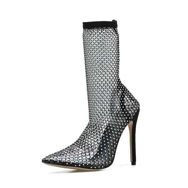 2021 the new bright strass mesh high ankle stiletto black pointed to the shoes woman summer boots ii03