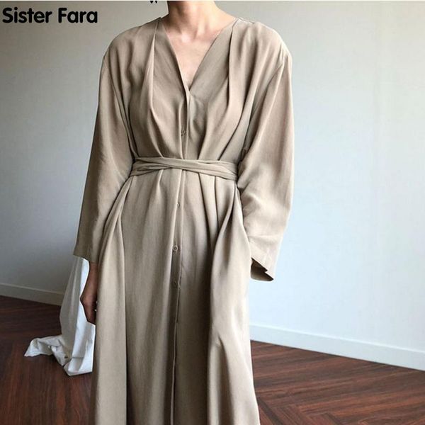 sister fara new spring autumn women's long dress v-neck loose lace vintage simplicity harajuku korean solid color clothing skirt, Black;gray 
sister fara new spring autumn women's long dress v-neck loose lace vintage simplicity harajuku korean solid color clothing skirt, Black;gray