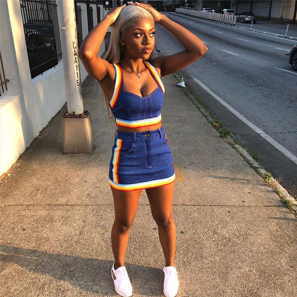women two pieces suit tacksuit denim rainbow striped tank bustiers corsets crop high waist mini pencil skirt dress, Gray
women two pieces suit tacksuit denim rainbow striped tank bustiers corsets crop high waist mini pencil skirt dress, Gray