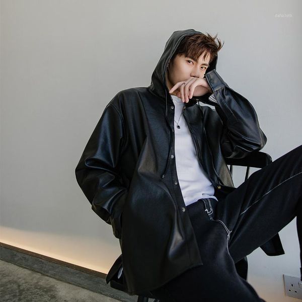 new men's black faux leather jacket loose style hooded coat single breasted boys coats outwear d451
new men's black faux leather jacket loose style hooded coat single breasted boys coats outwear d451
