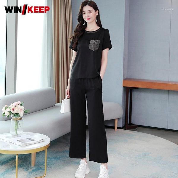 running sets summer tracksuit women short sleeve t-shirts elastic waist wide leg pants two piece set black sport suit plus size 5xl1, Black;blue
running sets summer tracksuit women short sleeve t-shirts elastic waist wide leg pants two piece set black sport suit plus size 5xl1, Black;blue