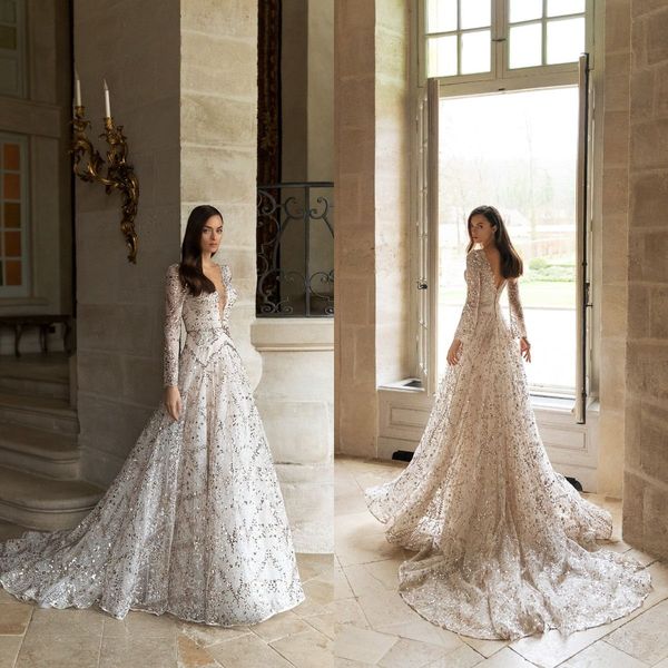 2021 a-line wedding dresses deep v neck long sleeves backless bridal gowns custom made sequins lace sweep train wedding dress, White
2021 a-line wedding dresses deep v neck long sleeves backless bridal gowns custom made sequins lace sweep train wedding dress, White