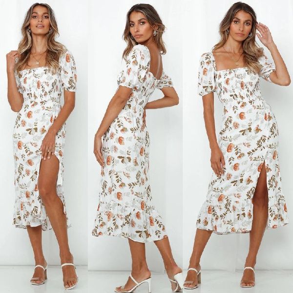 party dresses 2021 summer women's square collar floral printed high split dress fashion short sleeve ruffle stitching maxi femme, White;black
party dresses 2021 summer women's square collar floral printed high split dress fashion short sleeve ruffle stitching maxi femme, White;black