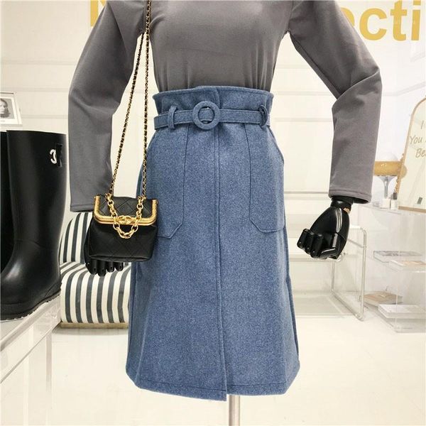medium length split woolen skirt autumn / winter 2020 new black a-line hip skirt1