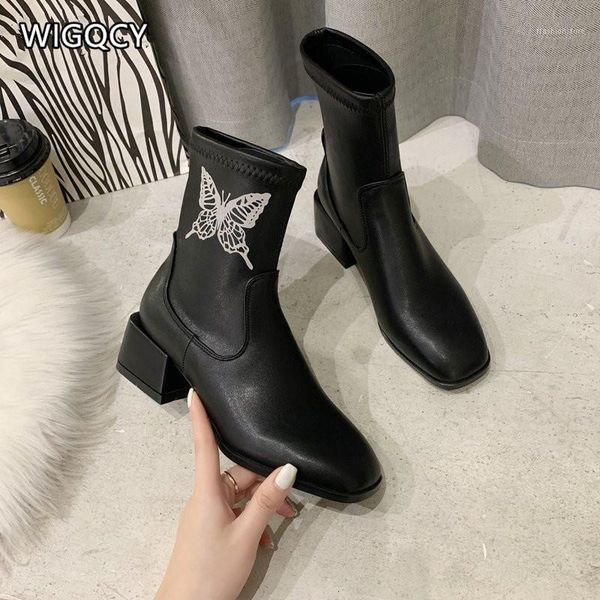 boots 2021 autumn women's thick heel single shoes fashion mid-heel leather mid-tube square toe boots1, Black