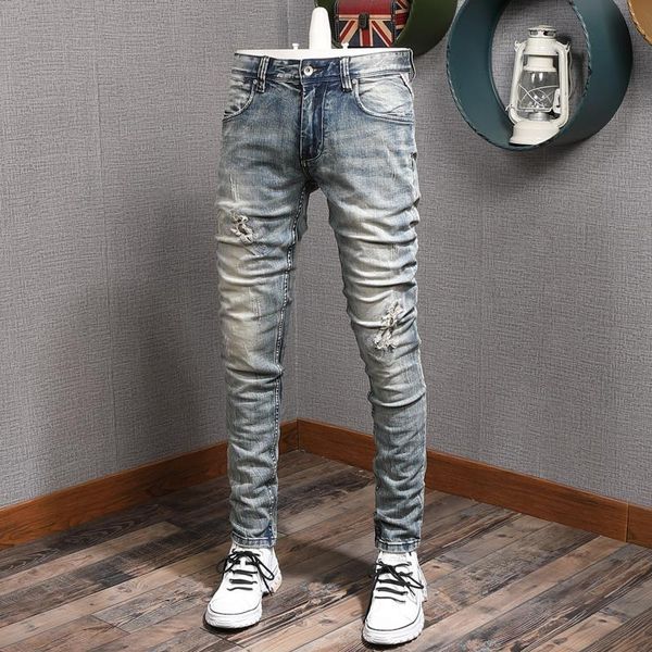 italian style fashion men jeans retro blue elastic slim fit ripped denim pants streetwear vintage designer trousers
italian style fashion men jeans retro blue elastic slim fit ripped denim pants streetwear vintage designer trousers