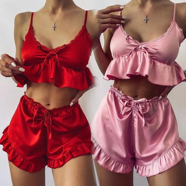 women lingerie 2 piece sets homewear sleeveless lace ruffle crop camisole and shorts pajamas sleepwear, Red;black
women lingerie 2 piece sets homewear sleeveless lace ruffle crop camisole and shorts pajamas sleepwear, Red;black