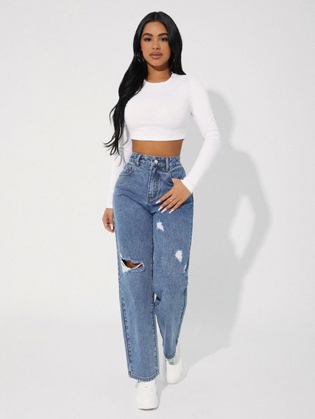 petite high waisted ripped straight leg jeans t4nx#, Blue
petite high waisted ripped straight leg jeans t4nx#, Blue