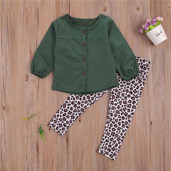 little girls 2-piece set solid color long sleeve elastic cuff button leopard print long trousers, White
little girls 2-piece set solid color long sleeve elastic cuff button leopard print long trousers, White