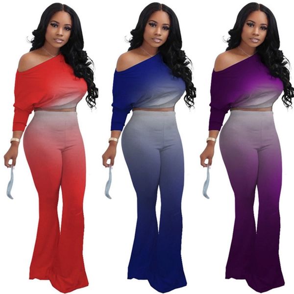 s-3xl women fashion gradient tracksuit oblique shoulder long sleeve crop flared trousers pants two piece outfits sports suit h2203, White
s-3xl women fashion gradient tracksuit oblique shoulder long sleeve crop flared trousers pants two piece outfits sports suit h2203, White