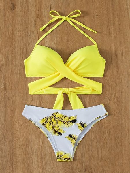 leaf print wrap halter bikini swimsuit m0f0#, White;black
leaf print wrap halter bikini swimsuit m0f0#, White;black