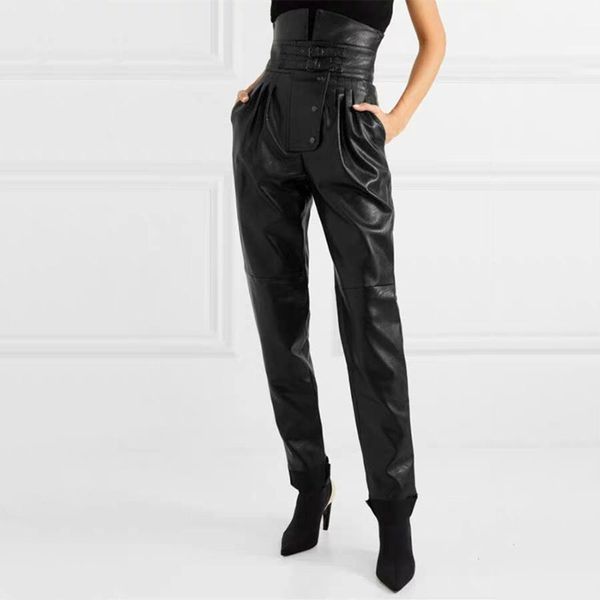 chaopai 2020 autumn new fashion high waist smart with belt artificial tapered leather pants, Black;white
chaopai 2020 autumn new fashion high waist smart with belt artificial tapered leather pants, Black;white