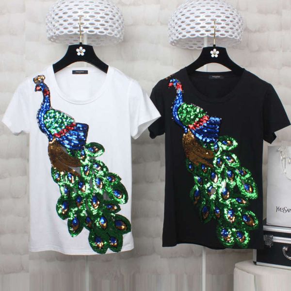 new dress peacock sequins women's summer short sleeve black and white slim t-shirt fashion, Black;gray
new dress peacock sequins women's summer short sleeve black and white slim t-shirt fashion, Black;gray