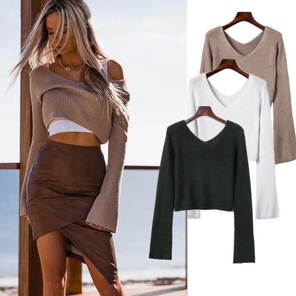 pullover autumn winter women's solid color t-shirt v-neck flared sleeve sweater for women, White;black
pullover autumn winter women's solid color t-shirt v-neck flared sleeve sweater for women, White;black