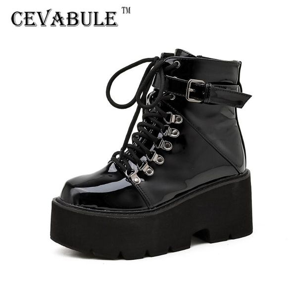 CEVABLUE Sales Muffin round Head Patent Leather Lace-up Women's Boots Platform Wedge High Heel Boots -305-1, Black
CEVABLUE Sales Muffin round Head Patent Leather Lace-up Women's Boots Platform Wedge High Heel Boots -305-1, Black