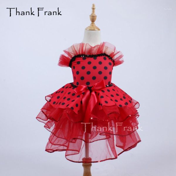 

thank frank polka dot ballet tutu dress girls ruffle neckline bow dance costume c3681, Black;red