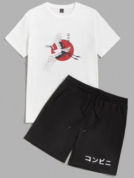 men japanese letter tee & drawstring shorts set 62ab#, Gray
