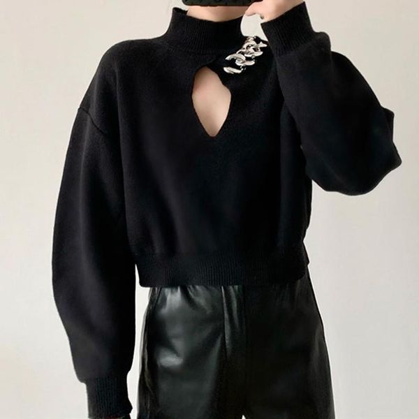 front hollow out sweater women's long sleeve metal chain turtleneck black autumn winter top, White;black
front hollow out sweater women's long sleeve metal chain turtleneck black autumn winter top, White;black
