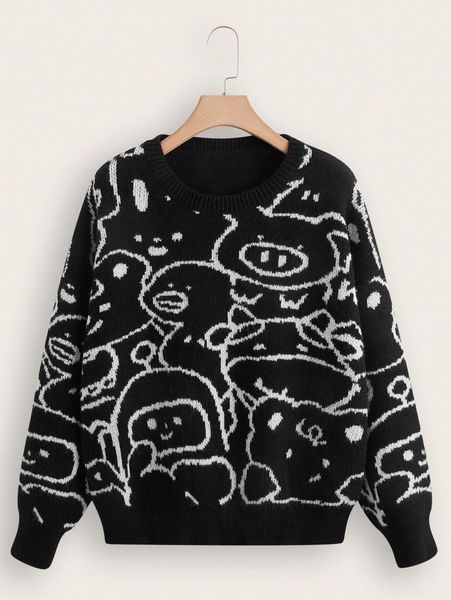 plus cartoon pattern drop shoulder sweater b3nl#, Black 
plus cartoon pattern drop shoulder sweater b3nl#, Black
