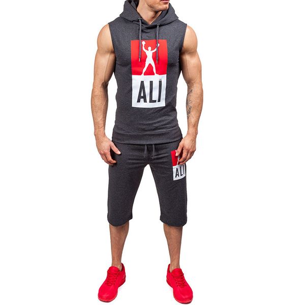 sports new summer running fitness men's sleeveless short loose outdoor suit, Gray