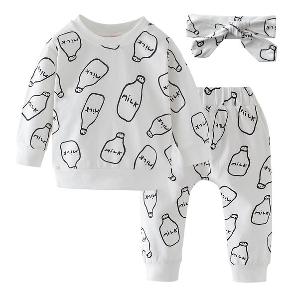 newborn baby girls clothes white long sleeve milk print t-shirt +pants+headband cute autumn infant clothing set lj201223
newborn baby girls clothes white long sleeve milk print t-shirt +pants+headband cute autumn infant clothing set lj201223
