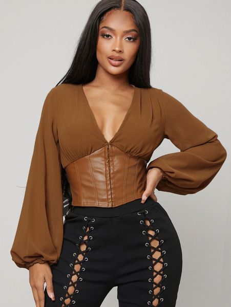 lantern sleeve pu leather hem blouse l6wf#, White 
lantern sleeve pu leather hem blouse l6wf#, White