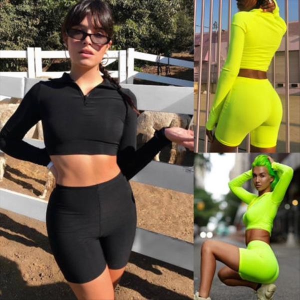 new female fluorescence fitness high waist shorts sports suits and two pieces sets full sleeve zipper turtleneck, Gray
new female fluorescence fitness high waist shorts sports suits and two pieces sets full sleeve zipper turtleneck, Gray
