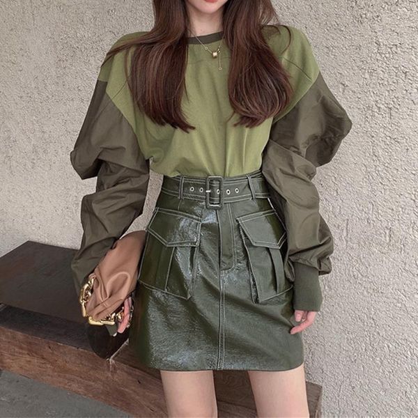 2021 spring women 2 piece set puff sleeve pullovers high waist leather skirt with belt office lady elegant slim suits s0n008t, Gray
2021 spring women 2 piece set puff sleeve pullovers high waist leather skirt with belt office lady elegant slim suits s0n008t, Gray