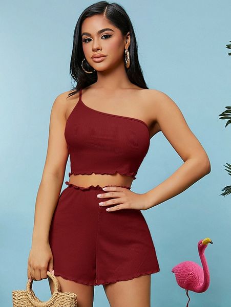 sxy one shoulder lettuce trim & shorts set o4tn#, White