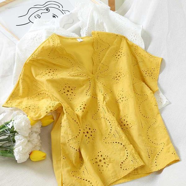 6938 slim wave collar v-neck ginger lace shirt embroidered short sleeve women's summer tide1, White
6938 slim wave collar v-neck ginger lace shirt embroidered short sleeve women's summer tide1, White