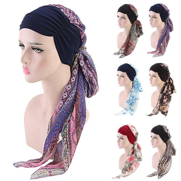 muslim women headscarf floral print islamic turban arab hijab hair loss beanies head wrap cover long tail patchwork chemo cap1, Red 
muslim women headscarf floral print islamic turban arab hijab hair loss beanies head wrap cover long tail patchwork chemo cap1, Red