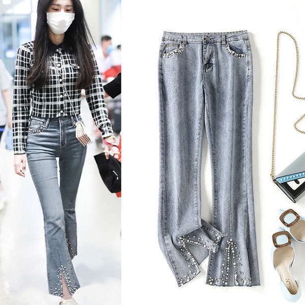 star's same style split micro flared jeans 2021 spring women's new heavy industry pin bead diamond studded casual pants, Blue
star's same style split micro flared jeans 2021 spring women's new heavy industry pin bead diamond studded casual pants, Blue