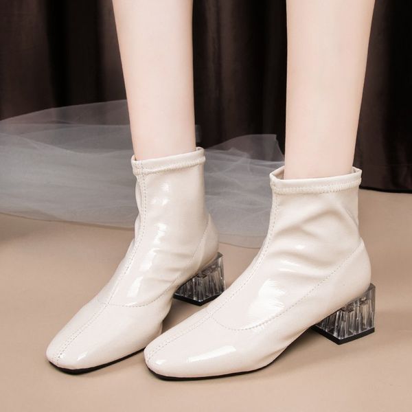 fashions patent leather ankle for transparent woman mid-square heels mujer boots slide in women's autumn shoes, Black
fashions patent leather ankle for transparent woman mid-square heels mujer boots slide in women's autumn shoes, Black