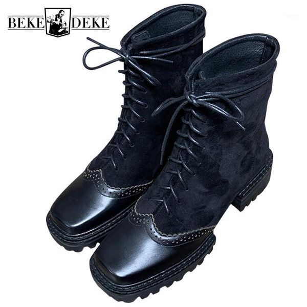 2020 new women patchwork lace up high ankle boots fashion lady sqaure toe genuine leather shoes med heels moto biker boots1, Black
2020 new women patchwork lace up high ankle boots fashion lady sqaure toe genuine leather shoes med heels moto biker boots1, Black