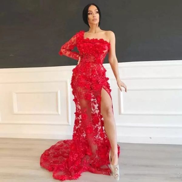 one shoulder mermaid evening dresses lace appliques high split floor length red prom party gowns, Black
one shoulder mermaid evening dresses lace appliques high split floor length red prom party gowns, Black