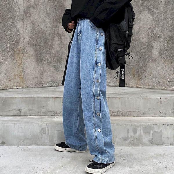 men's jeans autumn spring harajuku denim pants men's straight women wide leg with split side trousers, Blue
men's jeans autumn spring harajuku denim pants men's straight women wide leg with split side trousers, Blue