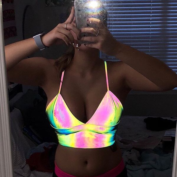 summer 2020 new deep v laser reflective thin suspender bottomed vest top, White;black
summer 2020 new deep v laser reflective thin suspender bottomed vest top, White;black