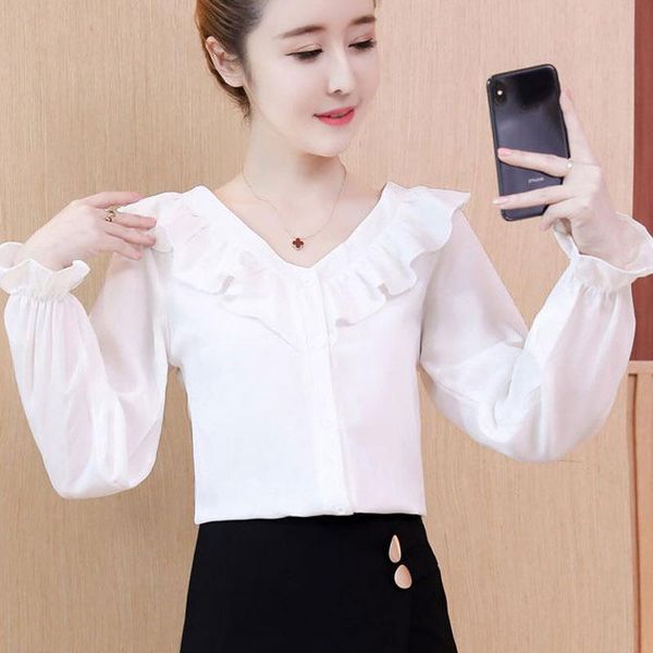 women's blouses & shirts 2021 v neck elegant fashion chiffon long sleeve solid layered women blouse loose ruffle, White
women's blouses & shirts 2021 v neck elegant fashion chiffon long sleeve solid layered women blouse loose ruffle, White