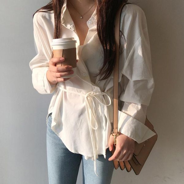 women's blouses & shirts casual waist tie blusas mujer de moda 2021 korean loose length shirt long sleeve oversized women 313b, White
women's blouses & shirts casual waist tie blusas mujer de moda 2021 korean loose length shirt long sleeve oversized women 313b, White