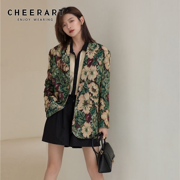 cheerart vintage floral print blazer women designer jacket suit colorful green blazer jackets coat outerwear fall fashion y201026, White;black
cheerart vintage floral print blazer women designer jacket suit colorful green blazer jackets coat outerwear fall fashion y201026, White;black