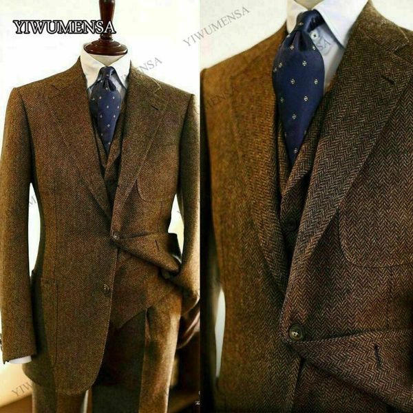 costume homme mariage brown tweed wool herringbone men suits slim fit wedding groom notch lapel blazer masculino business 20211, White;black