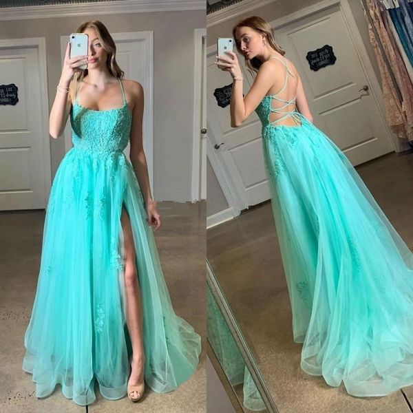 lace up backless vestidos de novia halter neck applique side split tulle prom dresses formal bride gowns, Black
lace up backless vestidos de novia halter neck applique side split tulle prom dresses formal bride gowns, Black