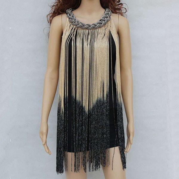 new style chain hanging neck gradual tassel slim fit buttock sleeveless dress skirt, Black;gray