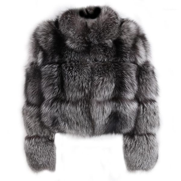 real silver natural women fur stand collar long sleeve jacket1, Black
